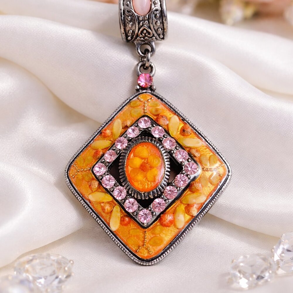 VTG. Pendant Orange Pink Rhinestones w/Silver trim Add a chain!